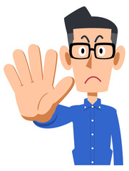 手で制止するメガネをかけて青いシャツを着た男性
