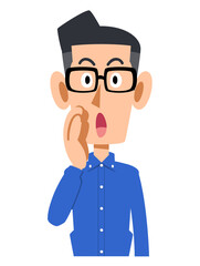 呼びかけるメガネをかけて青いシャツを着た男性
