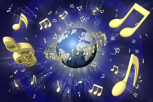 Pentagramma musicale ruota attorno al mondo. Sullo sfondo l'universo costellato di note musicali..