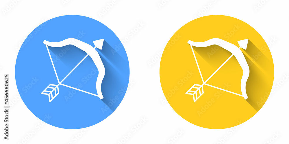 Poster white medieval bow and arrow icon isolated with long shadow background. medieval weapon. circle butt