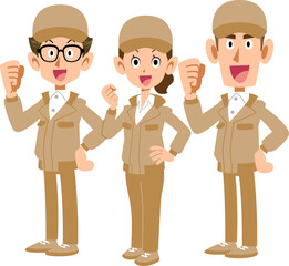 ベージュの作業着を着た男女3人のチーム
