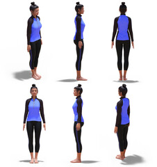 3D Woman with Sport Outfit in Yoga Mountain Pose with 6 angles of view on white