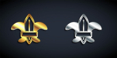 Gold and silver Fleur de lys or lily flower icon isolated on black background. Long shadow style. Vector