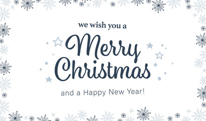 Merry Christmas banner with congratulation text and xmas snowflake icons ornament frame isolated. Vector flat illustration. For cards, banners, prints, packaging, invitations.