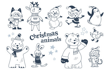 Merry Christmas animals characters in winter clothes and snowman, elf collection isolated. Polar bear, penguin, rabbit, reindeer. Vector flat illustration. For card, banner, print, pattern, invitation