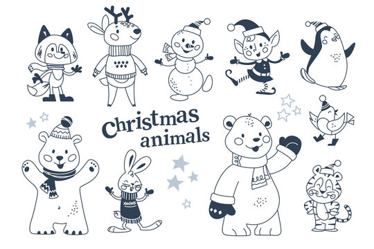 Merry Christmas animals characters in winter clothes and snowman, elf collection isolated. Polar bear, penguin, rabbit, reindeer. Vector flat illustration. For card, banner, print, pattern, invitation