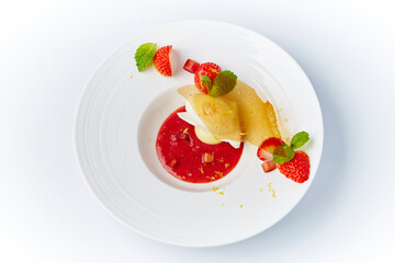 luxury hand made Micheline French modern Strawberry Rhubarb dessert on white black background
