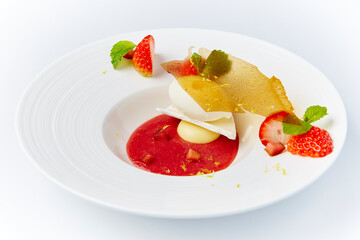 luxury hand made Micheline French modern Strawberry Rhubarb dessert on white black background