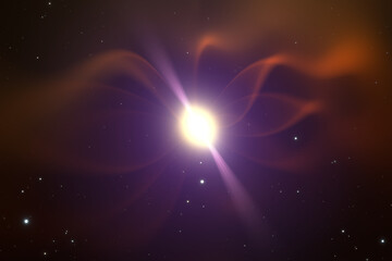 Pulsar in deep space. Collapse of a stellar core to a neutron star. 3D illustration
