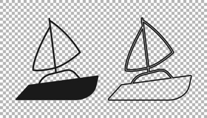 Black Yacht sailboat or sailing ship icon isolated on transparent background. Sail boat marine cruise travel. Vector