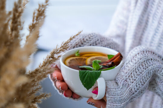 Female hands on sweater holding tea with lemon, cinnamon sticks and mint leaves. Hot drink. Healthy melissa tea natural organic aromatic drink in cup. Autumn winter warming drink. Cozy home