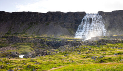 Dynjandi, Iceland on august 6, 2021: Dynjandi is the most famous waterfall of the West Fjords, Iceland