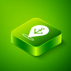 Isometric Map pointer with anchor icon isolated on green background. Green square button. Vector