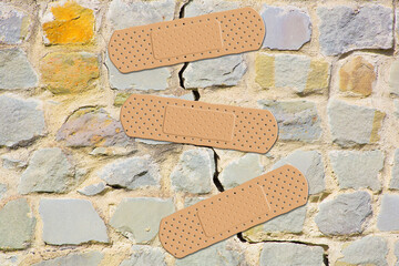 Old cracked and damaged stone wall cause due to subsidence of foundations structural failures -...