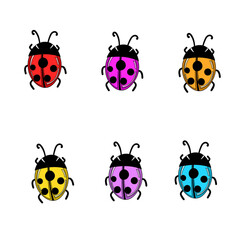 Fototapeta premium Set of cartoon ladybird mascot. A small ladybugs flying. Vector characters. Incest icon. Template design for invitation, cards. Doodle style