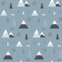 Obraz premium Christmas cute wild winter forest vector seamless pattern with Christmas trees, mountains, stones, bushes in trendy Scandinavian Boho style