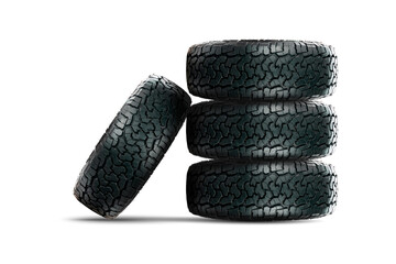 Stack of 4 wheels car tires designed for use in all road conditions with alloy wheel isolated on...