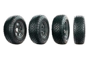 Group of car tire designed for use in all road conditions with alloy wheel isolated on white...