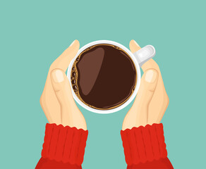 Woman's  hands in a red sweater hold cup of coffee or tea. Vector illustration in cartoon flat style. Top view.