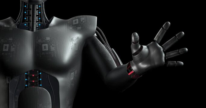 Robot Arm Moving Slowly. Futuristic Technology. AI Humanoid. Alpha Luma Channel. Robotics And Technology 3D Concept.
