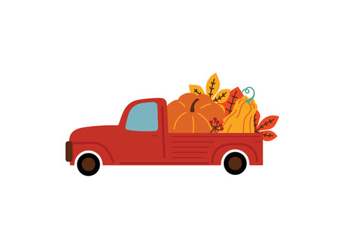 red truck with pumpkins and leaves clip art preview