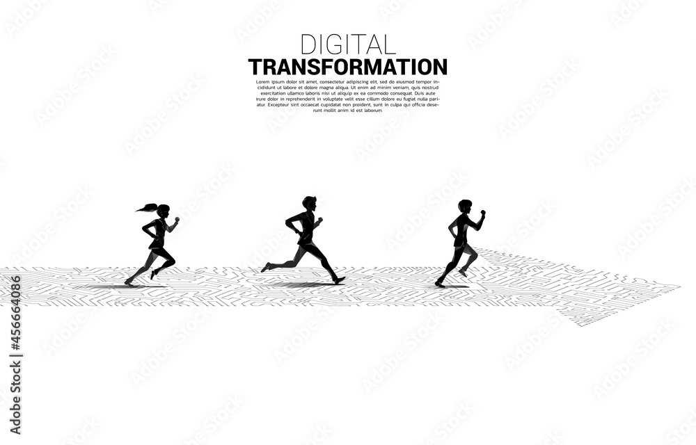 Poster Silhouette of Businessman and businesswoman running on the arrow path with dot connect line circuit. concept of digital transformation of business.