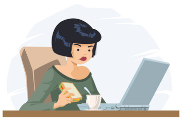 Girl eat and works on laptop. Illustration for internet and mobile website.