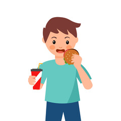 Boy child eating hamburger and drinking soft drink in flat design on white background. Kids enjoy eating fast food.