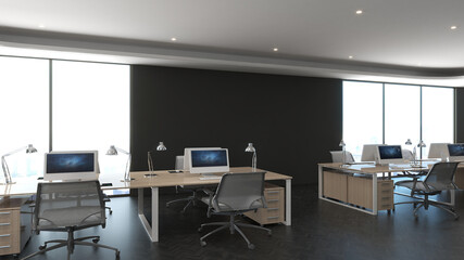 Fototapeta na wymiar office area with blank wall 3d design interior for company wall logo mockup and branding