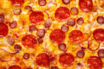 Tasty pepperoni and tomatoes on black background