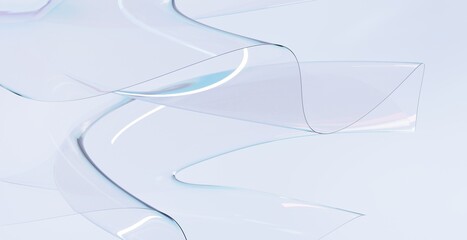 Abstract geometric background with holographic transparent iridescent ribbon. Wavy curvy shapes in glass, plastic or acrylic. Soft elastic gradient forms for banner or cover design, 3d render