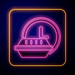 Glowing neon Round the clock delivery icon isolated on black background. Vector