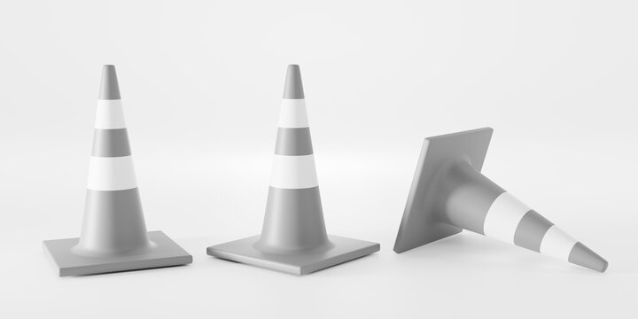 Traffic cones angle view and lying down. Realistic 3d set warning sings, mockup grey striped construction fences, repair hurdles. Safety barrier for road and highways, isolated on white background