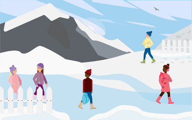Obraz na płótnie Canvas Winter landscape.Children walking outside in winter.