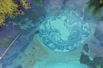 geyser lake altai aerial view from drone, blue lake landscape