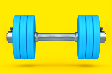 Metal dumbbell with blue disks isolated on yellow background