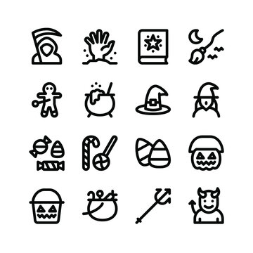 Simple Set of Halloween Related Vector Line Icons. Contains Icons as Spell Book, Broom, Voodoo and more.