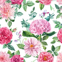 Fotobehang Roses, dahlia, hydrangea, eucalyptus leaves on an isolated background. Floral seamless patterns. Watercolor painting © Hanna