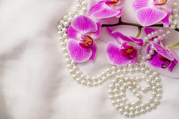 The branch of purple orchids on white fabric background
