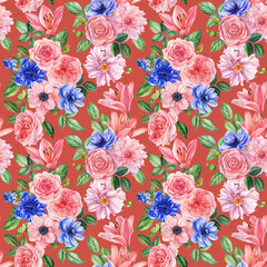 Floral seamless patterns from branches of roses, dahlia, lilies and anemone. Watercolor painting