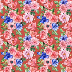 Floral seamless patterns from branches of roses, dahlia, lilies and anemone. Watercolor painting