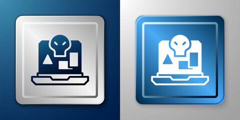 White Internet piracy icon isolated on blue and grey background. Online piracy. Cyberspace crime with file download and movies sharing. Silver and blue square button. Vector