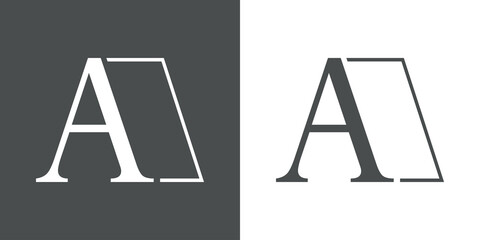Logotipo con letra inicial A con cuadrado con lineas en fondo gris y fondo blanco