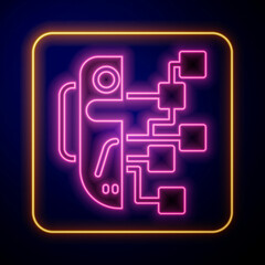 Glowing neon Humanoid robot icon isolated on black background. Artificial intelligence, machine learning, cloud computing. Vector