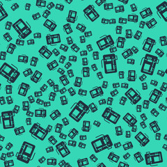 Fototapeta premium Black Electronic computer components motherboard digital chip integrated science icon isolated seamless pattern on green background. Circuit board. Vector