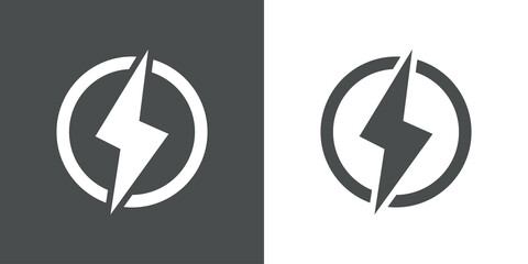Logotipo con silueta de rayo en círculo en fondo gris y fondo blanco © teracreonte