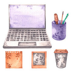 Watercolor office items laptop, notebooks, pens, pencils, coffee