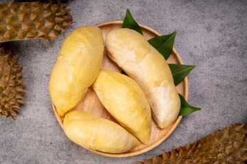 Durian fruit  on gray background, Close up fresh Durian on gray background .