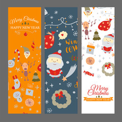 Set of web banners with Christmas design elements in doodle style. Christmas cards. Vector