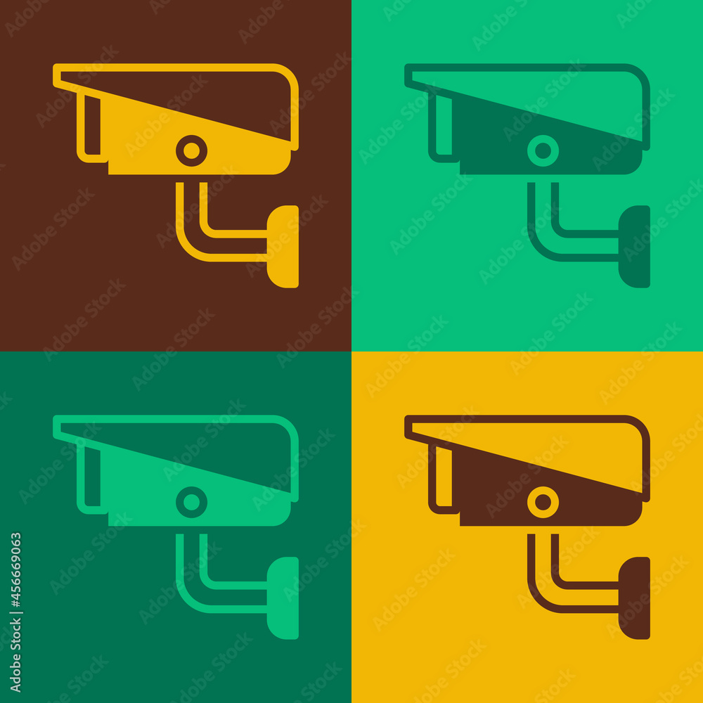 Poster pop art security camera icon isolated on color background. vector